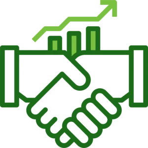 A green handshake symbol with a green arrow pointing upwards